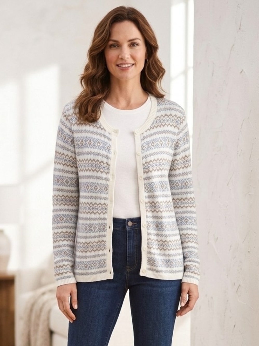 Talbots Cream Fair Isle Button-Front Cardigan with Light Blue Accents